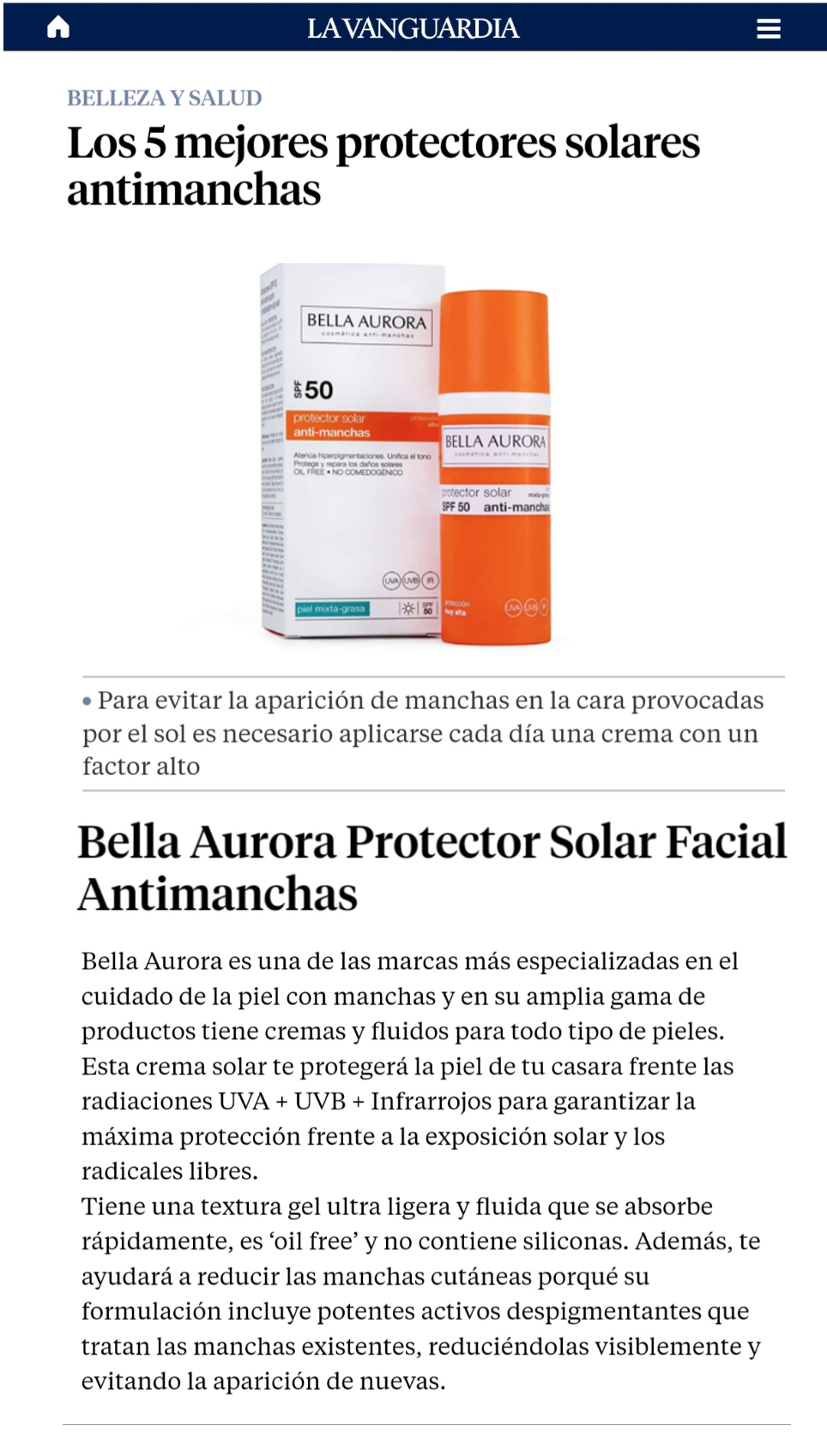 La Vanguardia incluye a Bella Aurora en el top 5 de los mejores protectores solares anti-manchas